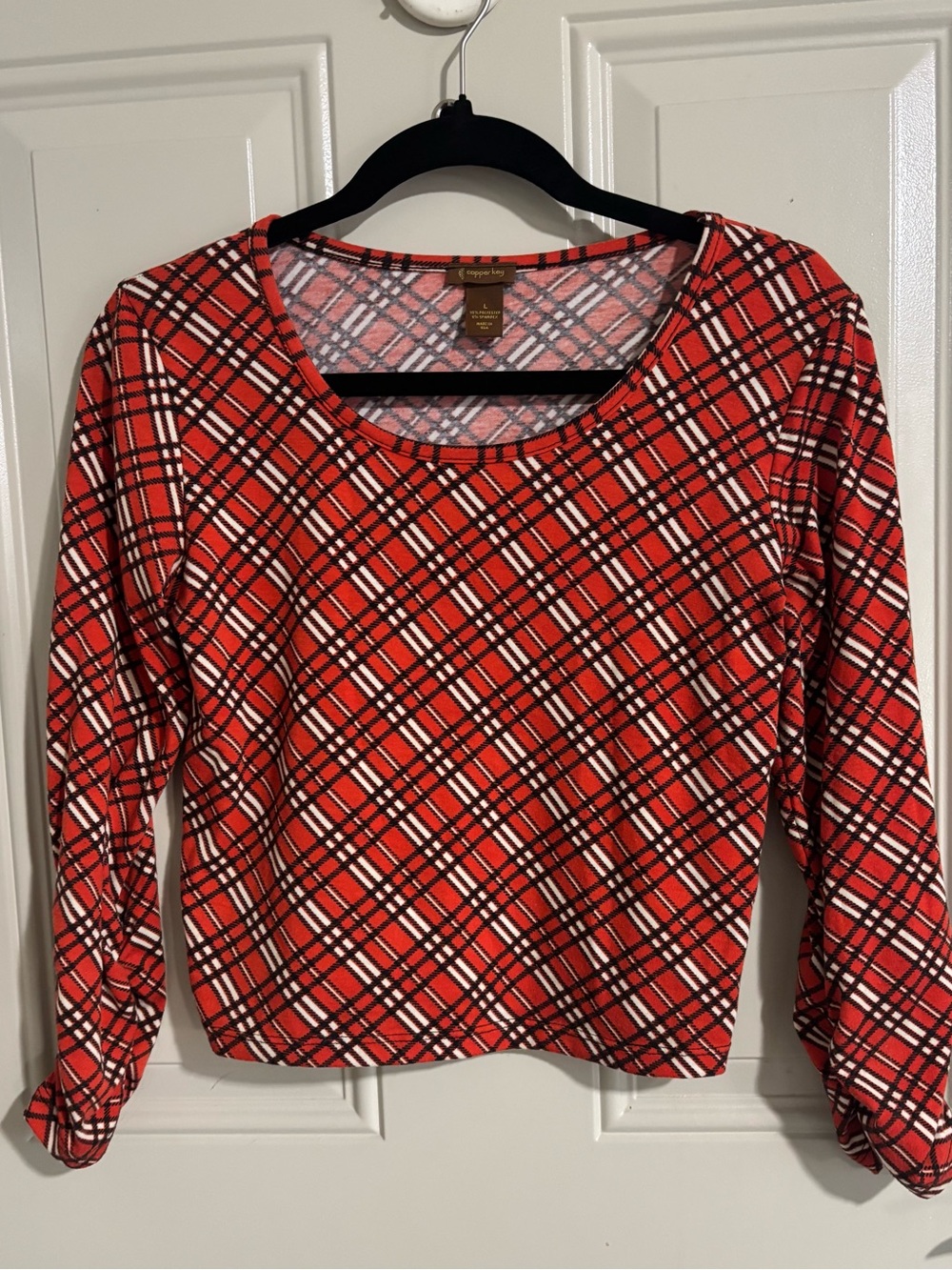 Copper Key Red Plaid Scoop Neck Top